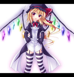 Rule 34 | 1girl, bad id, bad pixiv id, blonde hair, elbow gloves, female focus, flandre scarlet, garter belt, gisyo, gloves, letterboxed, red eyes, solo, striped clothes, striped thighhighs, thighhighs, touhou, wings