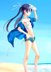 Rule 34 | 1girl, armpits, bad anatomy, beach, black hair, blue eyes, blue jacket, bottle, breasts, camisole, coat, covered erect nipples, crop top, cutoffs, day, denim, denim shorts, drawstring, artistic error, expressionless, flat chest, from side, hair ribbon, holding, holding bottle, jacket, long hair, looking afar, midriff, navel, no bra, norizou type-r, ocean, open clothes, open fly, open jacket, original, outdoors, panties, profile, purple hair, ribbon, short shorts, shorts, sky, sleeves pushed up, sleeves rolled up, small breasts, solo, tank top, twintails, unbuttoned, underwear, unzipped, water bottle, white panties, wind, zipper