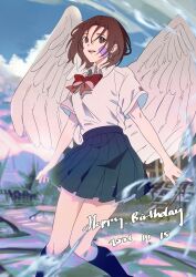 Rule 34 | 1girl, 2021, :d, alternate costume, angel wings, blue socks, blurry, blurry background, bow, bowtie, brown eyes, brown hair, collared shirt, dated, day, facial mark, feathered wings, grey skirt, hair between eyes, happy birthday, kneehighs, medium hair, miniskirt, naruto (series), naruto shippuuden, nohara rin, open mouth, outdoors, pleated skirt, red bow, red bowtie, school uniform, shirt, short sleeves, sketch, skirt, smile, socks, solo, utu310, white shirt, white wings, wing collar, wings