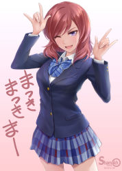 Rule 34 | 10s, 1girl, ;d, \m/, artist name, blazer, blush, bow, bowtie, double \m/, female focus, gradient background, highres, jacket, looking at viewer, love live!, love live! school idol project, nico nico nii, nishikino maki, one eye closed, open mouth, plaid, plaid skirt, pleated skirt, purple eyes, red hair, ribbon, school uniform, shamakho, short hair, skirt, smile, solo, standing, sweatdrop, translated, wink