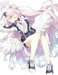 Rule 34 | 1girl, angel wings, black footwear, black shorts, blue archive, blush, echonen, feathered wings, flower, full body, gym shorts, gym uniform, hair bun, hair flower, hair ornament, halo, highres, jacket, long hair, long sleeves, mika (blue archive), one eye closed, open mouth, pink hair, pink halo, purple flower, shoes, shorts, simple background, single side bun, smile, solo, track jacket, white background, white wings, wings, yellow eyes