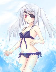 Rule 34 | 10s, 1girl, bad id, bad pixiv id, bare shoulders, blush, breasts, female focus, highres, infinite stratos, kirimoti34, laura bodewig, long hair, navel, outdoors, red eyes, silver hair, sky, solo, swimsuit, twintails, water