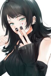 Rule 34 | 1girl, bang dream!, bang dream! it&#039;s mygo!!!!!, black hair, black nails, black sweater, blush, breasts, chinese commentary, closed mouth, clothing cutout, commentary request, ear piercing, earrings, green eyes, hands up, highres, jewelry, large breasts, long hair, long sleeves, looking at viewer, nail polish, patch, piercing, shoulder cutout, simple background, siy (shengxiu760722), sleeves past wrists, solo, sweater, upper body, white background, yahata umiri