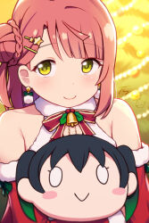 Rule 34 | 1girl, bare shoulders, bell, bow, braid, character doll, christmas, closed mouth, collarbone, commentary request, detached sleeves, dress, fur-trimmed sleeves, fur trim, green eyes, hair bun, hair ornament, hairclip, highres, langbazi, long sleeves, looking at viewer, love live!, love live! nijigasaki high school idol club, hugging object, pink hair, red bow, red sleeves, signature, single side bun, sleeveless, sleeveless dress, smile, solo, star (symbol), star hair ornament, takasaki yu, uehara ayumu, white dress