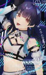 Rule 34 | 1girl, absurdres, bare shoulders, bishi a (b a1210), black hair, blunt bangs, brown eyes, commentary, detached collar, earrings, elbow gloves, glitch, gloves, highres, idolmaster, idolmaster shiny colors, jewelry, long hair, looking at viewer, mayuzumi fuyuko, midriff, navel, single elbow glove, solo, tongue, tongue out