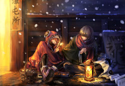 Rule 34 | 1boy, 1girl, artist name, basket, boots, brown hair, candle, dated, fire, gintama, grin, holding, hood, hooded jacket, jacket, kagura (gintama), lantern, crossed legs, looking at another, marker, mattress, night, okita sougo, orange hair, outdoors, pants, paper, scarf, short hair, sign, sitting, smile, snow, snowing, zzyzzyy