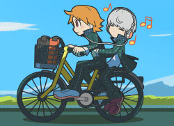 Rule 34 | 2boys, absurdres, bag, bicycle, bicycle basket, black jacket, black pants, brown eyes, brown hair, closed eyes, closed mouth, cloud, day, from side, grey hair, hanamura yousuke, headphones, highres, jacket, listening to music, long sleeves, male focus, multiple boys, musical note, narukami yuu, open clothes, open jacket, outdoors, pants, persona, persona 4, riding, riding bicycle, sach56000, shirt, shoes, sky