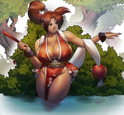 Rule 34 | 1girl, armor, breasts, brown eyes, brown hair, cleavage, folded fan, covered erect nipples, covered navel, curvy, fatal fury, female focus, folding fan, forest, hair ribbon, hand fan, high ponytail, highres, holding, holding fan, huge breasts, japanese armor, kote, long hair, looking to the side, matching hair/eyes, nature, ninja, no bra, no panties, pelvic curtain, ph draw, ponytail, revealing clothes, ribbon, rope, shimenawa, shiranui mai, sideboob, sleeveless, smile, solo, standing, the king of fighters, thick thighs, thighs, wading, water