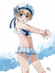 Rule 34 | 1girl, 4suke, alternate hair color, artist name, bare arms, bare shoulders, bikini, bikini skirt, black ribbon, blonde hair, blue eyes, blue neckerchief, blush, bow, breasts, cowboy shot, dated, eyebrows, groin, hat, hat bow, hat ribbon, kantai collection, legs apart, miniskirt, navel, neckerchief, open mouth, outstretched arms, pleated skirt, ribbon, ribs, sailor bikini, sailor collar, sailor hat, short hair, side-tie bikini bottom, skirt, small breasts, solo, standing, stomach, striped, striped bow, swimsuit, white bikini, white hat, white sailor collar, white skirt, z1 leberecht maass (kancolle)