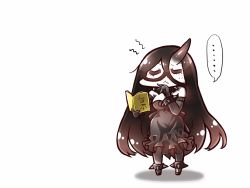 Rule 34 | ..., 10s, 1girl, abyssal ship, battleship water oni, black dress, black hair, book, closed eyes, closed mouth, crossed bangs, dress, horns, kantai collection, long hair, pantyhose, simple background, single horn, solo, tanaka kusao, very long hair, white background