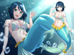 Rule 34 | 1girl, :d, air bubble, awono nanaumi, bikini, blue hair, breasts, bubble, cleavage, collarbone, commentary request, fukami nana (awono nanaumi), full body, green eyes, hair flaps, highres, large breasts, looking at viewer, mermaid, monster girl, multiple views, navel, open mouth, original, short hair, smile, swimsuit, teeth, underwater, upper teeth only