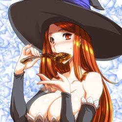 Rule 34 | 1girl, bare shoulders, breasts, cleavage, detached sleeves, dragon&#039;s crown, eating, ebido, food, hat, huge breasts, long hair, meat, red hair, solo, sorceress (dragon&#039;s crown), upper body, witch hat