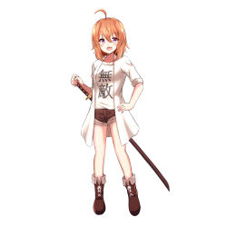 Rule 34 | 1girl, :d, ahoge, blush, boots, breasts, brown footwear, brown hair, brown shorts, clothes writing, collarbone, cross-laced footwear, fang, full body, hair between eyes, hand on hilt, hand on own hip, highres, jacket, katana, lace-up boots, long hair, looking at viewer, open clothes, open jacket, open mouth, original, purple eyes, sheath, sheathed, shibakame, shirt, short shorts, shorts, simple background, sleeves rolled up, small breasts, smile, solo, standing, sword, translation request, weapon, white background, white jacket, white shirt