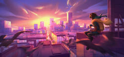 Rule 34 | 1boy, absurdres, artstation username, backlighting, backpack, bag, belt pouch, billboard, bird, black bird, bodysuit, boku no hero academia, box, building, cape, chopsticks, chromatic aberration, cityscape, cloud, cloudy sky, commentary, emily ooi, english commentary, evening, film grain, floating cape, floating hair, foot dangle, foreshortening, from side, gloves, gradient sky, green bodysuit, green gloves, green hair, green mask, halftone, highres, holding, holding box, holding chopsticks, instagram username, katsu (food), lens flare, light, looking to the side, lunchbox, male focus, midoriya izuku, motion blur, outdoors, perspective, pink sky, pouch, purple sky, road, short hair, sitting, sky, skyscraper, solo, street, sunlight, sunset, torn cape, torn clothes, torn sleeve, twitter username, urban, vanishing point, white gloves, wide shot, wind, yellow bag, yellow cape, yellow sky