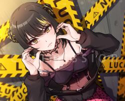 Rule 34 | 1girl, animal print, black hair, black jacket, blonde hair, blush, braid, braided bun, breasts, caution tape, collarbone, commission, cropped shirt, double bun, dutch angle, fingernails, hair bun, hands on own cheeks, hands on own face, idolmaster, idolmaster shiny colors, ikaruga luca, jacket, kamille (vcx68), leopard print, looking at viewer, multicolored hair, nail polish, navel, off-shoulder shirt, off shoulder, pink skirt, pleated skirt, shirt, skirt, small breasts, solo, streaked hair, yellow eyes