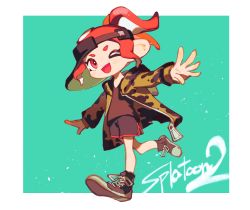 Rule 34 | 1girl, ;d, black footwear, black shorts, copyright name, full body, high ponytail, highres, hood, hood down, hooded jacket, inari1369, jacket, leg up, long sleeves, nintendo, octoling, octoling girl, octoling player character, one eye closed, open clothes, open jacket, open mouth, outstretched arms, ponytail, red eyes, red hair, shoelaces, shoes, short hair, shorts, sideways hat, smile, sneakers, solo, splatoon (series), suction cups, tentacle hair