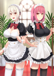 Rule 34 | 10s, 2girls, :d, alternate costume, apron, arato hisako, backlighting, black legwear, blonde hair, bow, bowtie, breasts, brown eyes, cleavage, enmaided, framed breasts, frilled apron, frilled legwear, frilled sleeves, frills, hand on own hip, large breasts, looking at viewer, maid, maid apron, maid headdress, mop, multiple girls, nakiri alice, open mouth, pink hair, plant, potted plant, prime, red bow, red eyes, shokugeki no souma, short hair, short sleeves, skindentation, smile, standing, thighhighs, underbust, white legwear, window, wrist cuffs, zettai ryouiki