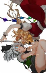 Rule 34 | 2girls, :d, ascot, ass, belt, black belt, black ribbon, black skirt, blonde hair, blood, blood from mouth, bloomers, blue eyes, breasts, clenched teeth, commentary, eye contact, face-to-face, fang, feet out of frame, flandre scarlet, glowing, glowing eyes, gotou (nekocat), green skirt, green vest, hair between eyes, hair ribbon, holding, holding sword, holding weapon, katana, konpaku youmu, leg strap, leg up, looking at another, miniskirt, multiple girls, neck ribbon, no headwear, open mouth, profile, puffy short sleeves, puffy sleeves, red eyes, red footwear, red skirt, red vest, reflection, ribbon, shirt, shoes, short hair, short sleeves, silver hair, simple background, skirt, skirt set, small breasts, smile, socks, sword, teeth, thighs, touhou, underwear, v-shaped eyebrows, vest, weapon, white background, white bloomers, white legwear, white shirt, wrist cuffs, yellow neckwear