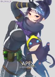 Rule 34 | 1girl, absurdres, animalization, animification, anzu (x anzu ill), apex legends, artist name, ass, belt, black bodysuit, black scarf, blue eyes, blush, bodysuit, breasts, brown belt, cat, electricity, hair behind ear, hair bun, highres, holding, holding knife, knife, kunai, leaning back, looking at viewer, medium breasts, parted bangs, scarf, single hair bun, solo, twisted torso, void prowler wraith, weapon, wraith&#039;s kunai, wraith (apex legends)