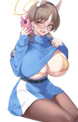 Rule 34 | 1girl, animal ears, belt, bikini, black belt, black hairband, blue archive, blue skirt, blue sweater, breasts, brown hair, clothes lift, drooling, fake animal ears, glasses, hairband, halo, hands up, heavy breathing, high-waist skirt, highres, holding, holding phone, huge breasts, invisible chair, kuavera, lifted by self, long sleeves, looking at viewer, moe (blue archive), pantyhose, parted bangs, phone, raised eyebrows, round eyewear, saliva, simple background, sitting, skindentation, skirt, smartphone case, smile, solo, sweatdrop, sweater, sweater lift, swimsuit, turtleneck, turtleneck sweater, underboob, white background, yellow bikini