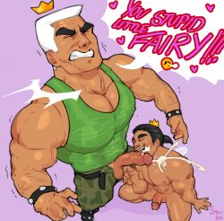 Rule 34 | 2boys, bara, camouflage, camouflage pants, clenched teeth, clothed male nude male, cum, emoji, english text, erection, fellatio, floating crown, from above, full body, green tank top, highres, huge eyebrows, jorgen von strangle, juandissimo magnifico, large pectorals, licking, licking penis, low ponytail, male focus, mature male, multiple boys, muscular, muscular male, no male underwear, nude, open fly, oral, pants, pectoral cleavage, pectorals, penis, precum, projectile cum, short hair, size difference, smike (smikeart), smirk, squatting, tank top, teeth, the fairly oddparents, trembling, uncensored, veins, veiny arms, veiny neck, veiny penis, white hair, yaoi