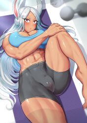 Rule 34 | 1girl, :&lt;, abs, absurdres, animal ears, bare arms, bare legs, bare shoulders, barefoot, bike shorts, black shorts, blue sports bra, blush, boku no hero academia, breasts, cleavage, covered erect nipples, dark-skinned female, dark skin, dumbbell, feet, hands on own knee, harurukan, highres, knee up, large breasts, legs, long eyelashes, long hair, looking at viewer, lying, mirko, muscular, muscular female, navel, on back, own hands together, parted bangs, rabbit ears, rabbit girl, red eyes, shorts, solo, sports bra, stomach, stretching, thick thighs, thighs, toes, very long hair, weights, white hair, yoga mat
