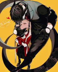 Rule 34 | 1boy, 1girl, black bow, black gloves, black hair, blonde hair, bow, character request, crossed arms, formal, full body, gloves, hair ornament, heart, long hair, looking at another, looking down, looking up, necktie, red necktie, short hair, snake boy, suit, twintails, very long hair, yellow background, yellow eyes, zabeo0125