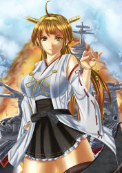 Rule 34 | 10s, 1girl, absurdres, ahoge, boots, breasts, brown eyes, brown hair, bullet, detached sleeves, hand on own hip, highres, kantai collection, kongou (kancolle), large breasts, nontraditional miko, rigging, skirt, smile, smoke, solo, tasogarehiraku, thigh boots, thighhighs, thighs, turret, wide sleeves