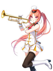 Rule 34 | 1girl, :o, band uniform, bare shoulders, black thighhighs, boots, breasts, buttons, cleavage cutout, closers, clothing cutout, collared jacket, cowboy shot, double-breasted, fold-over gloves, gloves, hands up, hat, high heels, highres, holding, holding instrument, holding trumpet, instrument, jacket, knee boots, leg up, long hair, looking at viewer, luna aegis (closers), marching band, mini shako cap, miniskirt, necktie, official art, orange hair, parted bangs, pink eyes, pleated skirt, ponytail, red necktie, shako cap, sidelocks, skirt, sleeveless, sleeveless jacket, small breasts, solo, standing, standing on one leg, thighhighs, trumpet, uniform, very long hair, white background, white footwear, white gloves, white hat, white jacket, white skirt, wing collar, zettai ryouiki
