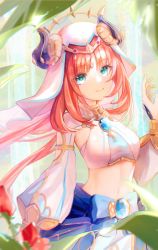Rule 34 | 1girl, aqua eyes, blurry, blurry foreground, brooch, fairfunny, flower, genshin impact, hand up, harem outfit, highres, horns, jewelry, long hair, long sleeves, looking at viewer, navel, neck ring, nilou (genshin impact), parted bangs, parted lips, puffy long sleeves, puffy sleeves, red hair, shrug (clothing), sidelocks, skirt, smile, solo, stomach, twintails, veil, vision (genshin impact)
