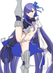 Rule 34 | 1girl, armored boots, ass, blue eyes, blue ribbon, boots, crotch plate, fate/extra, fate/extra ccc, fate/grand order, fate (series), hair ribbon, leg up, long hair, long sleeves, looking at viewer, meltryllis (fate), meltryllis (second ascension) (fate), michihasu, navel, purple hair, revealing clothes, ribbon, simple background, sleeves past wrists, solo, very long hair, white background
