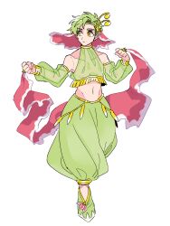 Rule 34 | absurdres, bracelet, clenched hand, creatures (company), detached sleeves, game freak, gen 2 pokemon, gotoroku (pkg), green hair, hair ornament, harem pants, highres, jewelry, meganium, midriff, navel, nintendo, pants, personification, pokemon, see-through, short hair, standing, white background, yellow eyes