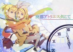 Rule 34 | 1boy, 1girl, ama (limit), arm warmers, bad id, bad pixiv id, blonde hair, brother and sister, hair ornament, hair ribbon, hairclip, kagamine len, kagamine rin, ribbon, scarf, shared clothes, shared scarf, short hair, siblings, smile, song name, thighhighs, twins, vocaloid