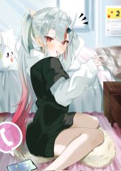 Rule 34 | 1girl, bad id, bad twitter id, bed, black hoodie, blurry, blurry background, blush, calendar (object), cellphone, commentary request, feet out of frame, gradient hair, hair between eyes, hair tie, hair tie in mouth, hand up, highres, holding, holding hair, hololive, hood, hoodie, horns, indoors, iphone x, light rays, long hair, long sleeves, looking at viewer, mouth hold, multicolored hair, nakiri ayame, nappi0110, no legwear, notice lines, on floor, oni, oversized clothes, oversized shirt, phone, poyoyo (nakiri ayame), red eyes, red hair, shirt, silver hair, sitting, skin-covered horns, smartphone, solo, streaked hair, sunbeam, sunlight, tsurime, twintails, tying hair, virtual youtuber, yokozuwari