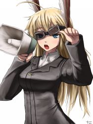 Rule 34 | 1girl, ahoge, blonde hair, blue eyes, fuu maumau, goggles, hanna-justina marseille, head wings, highres, long hair, megaphone, military, military uniform, signature, solo, strike witches, uniform, white background, wings, witches of africa, world witches series