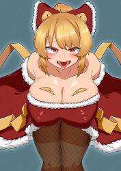 Rule 34 | 1girl, absurdres, alternate costume, blonde hair, blue background, blush, bow, breasts, brown pantyhose, christmas, cleavage, commentary request, dress, fangs, feet out of frame, fishnet pantyhose, fishnets, forked tongue, fur-trimmed bow, fur-trimmed dress, fur trim, hair bow, hair bun, highres, kurodani yamame, large breasts, leaning forward, looking at viewer, medium hair, open mouth, pantyhose, red bow, red dress, red eyes, rinyamame, smile, solo, strapless, strapless dress, tongue, tongue out, touhou