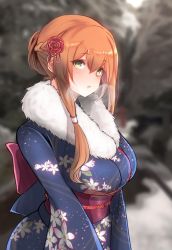 Rule 34 | 10eki (tenchou), 1girl, blue kimono, blush, braid, breasts, breathing, brown hair, cold, flower, girls&#039; frontline, green eyes, hair between eyes, hair flower, hair ornament, hair up, highres, japanese clothes, kimono, large breasts, long hair, looking at viewer, obi, open mouth, outdoors, sash, sidelocks, solo, springfield (girls&#039; frontline)