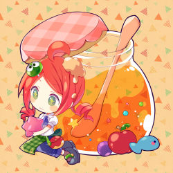 Rule 34 | + +, 1girl, :3, ana (rznuscrf), andou ringo, apple, apron, ascot, black footwear, blue pants, blush stickers, brown socks, chibi, closed mouth, collared shirt, fish, food, fruit, green apron, green eyes, hair ornament, hairclip, holding, jar, low twintails, lowres, nail polish, official alternate costume, pants, plaid, plaid apron, puffy short sleeves, puffy sleeves, purple nails, puyopuyo, red apple, red hair, ringlets, shirt, shoes, short sleeves, socks, solo, twintails, white shirt
