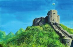 Rule 34 | absurdres, aerial (aerial 30), building, castle, day, grass, highres, no humans, original, painting (medium), plant, scenery, stone wall, traditional media, tree, wales, wall