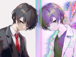 Rule 34 | 2boys, black eyes, black hair, black shirt, black vest, coat, collared shirt, crystal wings, different reflection, dual persona, e.g.o (project moon), lab coat, limbus company, looking at viewer, mirror, multiple boys, necktie, project moon, red necktie, reflection, sang yi (project moon), shirt, upper body, vest, white coat, white shirt, y0ru73, yi sang (project moon)