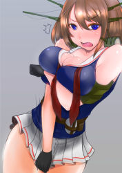 Rule 34 | 10s, 1girl, blue eyes, blush, breast hold, breast lift, breasts, brown hair, gloves, headgear, kantai collection, large breasts, looking at viewer, maya (kancolle), niu ju (orange bull), open mouth, otzer, personification, short hair, skirt, skirt tug, solo, sweatdrop