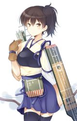 Rule 34 | 10s, 1girl, bow (weapon), brown eyes, brown hair, japanese clothes, kaga (kancolle), kantai collection, komi zumiko, looking at viewer, muneate, pleated skirt, short hair, side ponytail, skirt, solo, thighhighs, weapon, zettai ryouiki