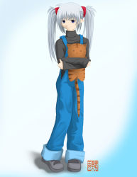 Rule 34 | 00s, 1girl, black eyes, black footwear, black shirt, cat, full body, holding, light smile, long hair, non-web source, overalls, pointy ears, primula, shirt, shoes, shuffle!, solo, standing, twintails, white hair