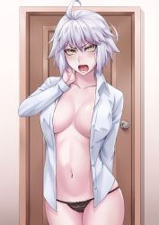 Rule 34 | 1girl, black panties, blush, breasts, collarbone, collared shirt, door, dress shirt, fate/grand order, fate (series), highres, jeanne d&#039;arc (fate), jeanne d&#039;arc alter (avenger) (fate), jeanne d&#039;arc alter (fate), large breasts, long sleeves, looking at viewer, navel, open clothes, open mouth, open shirt, panties, resolution mismatch, sakuya (liao kj), shirt, short hair, silver hair, solo, source larger, thighs, underwear, white shirt, yellow eyes