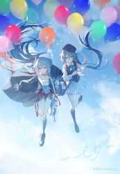 Rule 34 | 2girls, absurdres, alternate costume, artist name, balloon, black choker, black footwear, black headwear, black jacket, black ribbon, black shirt, black socks, blue eyes, blue hair, blue sky, blue vest, chinese clothes, chinese text, choker, closed mouth, cloud, cloudy sky, collared shirt, floating, fu hua, fu hua (herrscher of sentience), grey hair, hair between eyes, hair ornament, hat, highres, holding, holding balloon, honkai (series), honkai impact 3rd, jacket, jewelry, long hair, long shirt, long sleeves, looking at object, low-tied long hair, low ponytail, miniskirt, multicolored hair, multiple girls, official alternate costume, open clothes, open jacket, open mouth, ponytail, red eyes, red rope, red skirt, ribbon, rope, saya atang, shirt, shoes, simplified chinese text, skirt, sky, smile, socks, streaked hair, vest, white footwear, white hair, white shirt, white skirt, white socks, yellow pupils