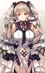 Rule 34 | 1girl, absurdly long hair, azur lane, bad id, bad pixiv id, black choker, black neckwear, black sailor collar, bow, breasts, choker, clothing cutout, cowboy shot, detached sleeves, dress, dress bow, dress flower, feather dress, flower, formidable (azur lane), formidable (timeless classics) (azur lane), hair ornament, highres, large breasts, long hair, looking at viewer, navel cutout, official alternate costume, platinum blonde hair, sailor collar, shibaebi (yasaip game), solo, strapless, strapless dress, twintails, two-tone dress, two-tone ribbon, veil, very long hair, white dress, white flower