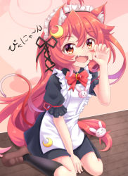 Rule 34 | 1girl, :d, ahoge, alternate costume, animal ear fluff, animal ears, apron, black dress, black ribbon, black socks, blush, brown footwear, cat ears, cat girl, cat tail, claw pose, commentary request, crescent, dress, enmaided, fang, frilled apron, frills, hair between eyes, hair ribbon, hand up, kantai collection, kemonomimi mode, kneehighs, loafers, looking at viewer, maid, maid apron, maid headdress, on floor, open mouth, puffy short sleeves, puffy sleeves, red eyes, red hair, ribbon, shoes, short sleeves, sills, smile, socks, solo, tail, translation request, uzuki (kancolle), white apron, wooden floor
