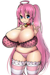 Rule 34 | 1girl, ahoge, alternate hairstyle, bad id, bad pixiv id, bell, blue eyes, bra, breasts, cleavage, collar, curvy, frills, gigantic breasts, lace, lace-trimmed bra, lace trim, long hair, magister, neck bell, original, panties, pink bra, pink hair, pink panties, pink thighhighs, plump, polka dot, polka dot bra, polka dot panties, sakuraba himari (magister), skindentation, smile, solo, striped clothes, striped thighhighs, thighhighs, twintails, underwear, underwear only, v, very long hair