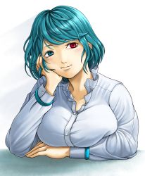 Rule 34 | 1girl, blue eyes, blue hair, breasts, closed mouth, head rest, heterochromia, highres, large breasts, long sleeves, looking at viewer, parasite oyatsu, red eyes, shirt, short hair, simple background, solo, tatara kogasa, touhou, upper body, white background, white shirt