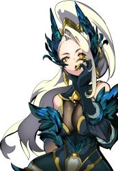 Rule 34 | 1girl, arm behind back, bare shoulders, blonde hair, claws, coven zyra, covered navel, earrings, feather trim, feathers, highres, jewelry, league of legends, long hair, mknnkm2, open mouth, orange eyes, platinum blonde hair, ponytail, simple background, single earring, solo, tongue, white background, zyra
